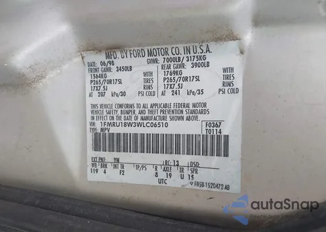 1998 Ford Expedition Eddie Bauer/Xlt из США, поврежденный, VIN 1FMRU18W3WLC06510